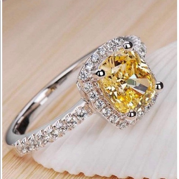 925 SS Princess Cut Cubic Zirconia Citrine Ring - Picture 5 of 7